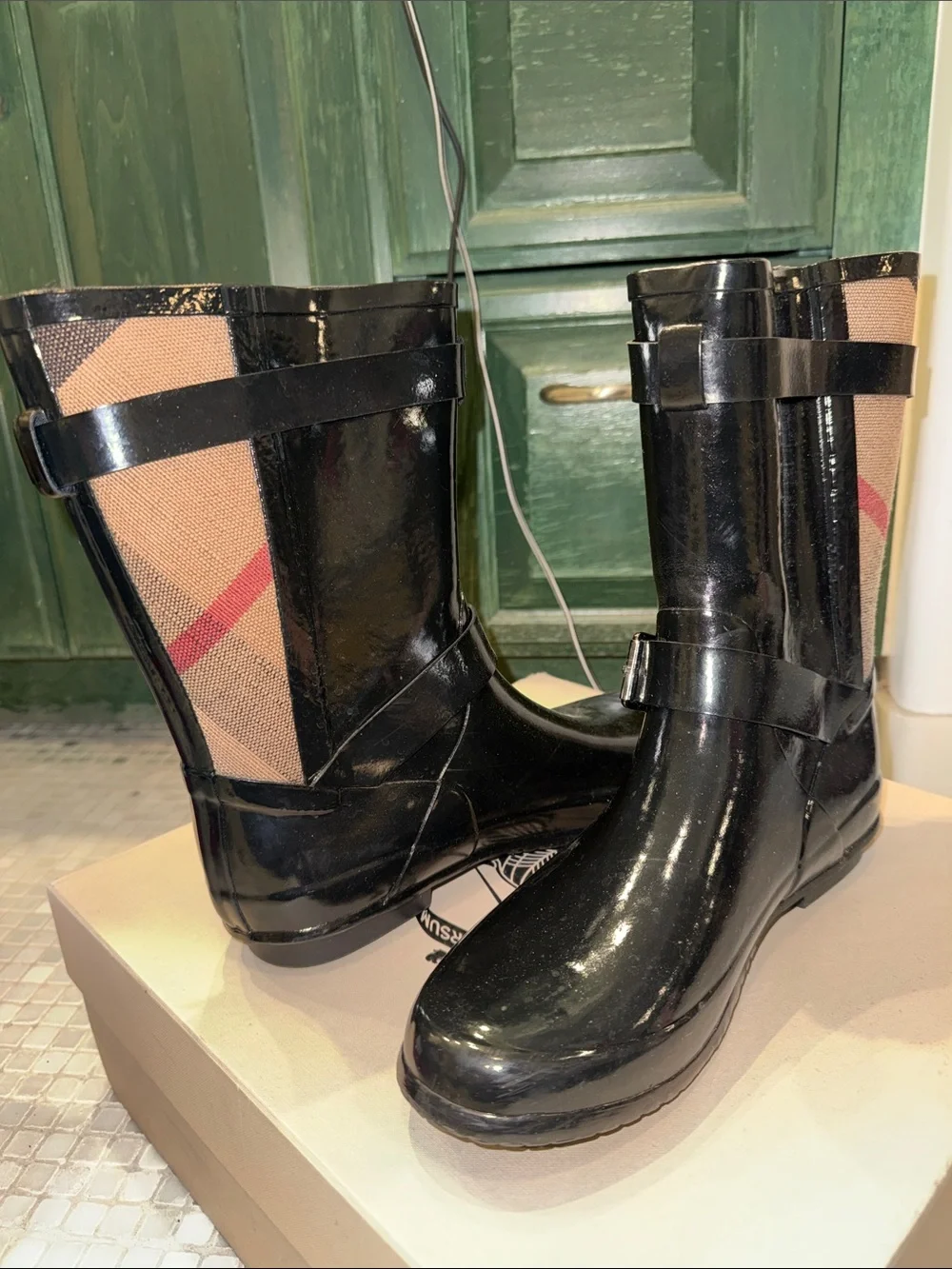 Burberry Black & Tan Patent Check Rain Boots with Buckles